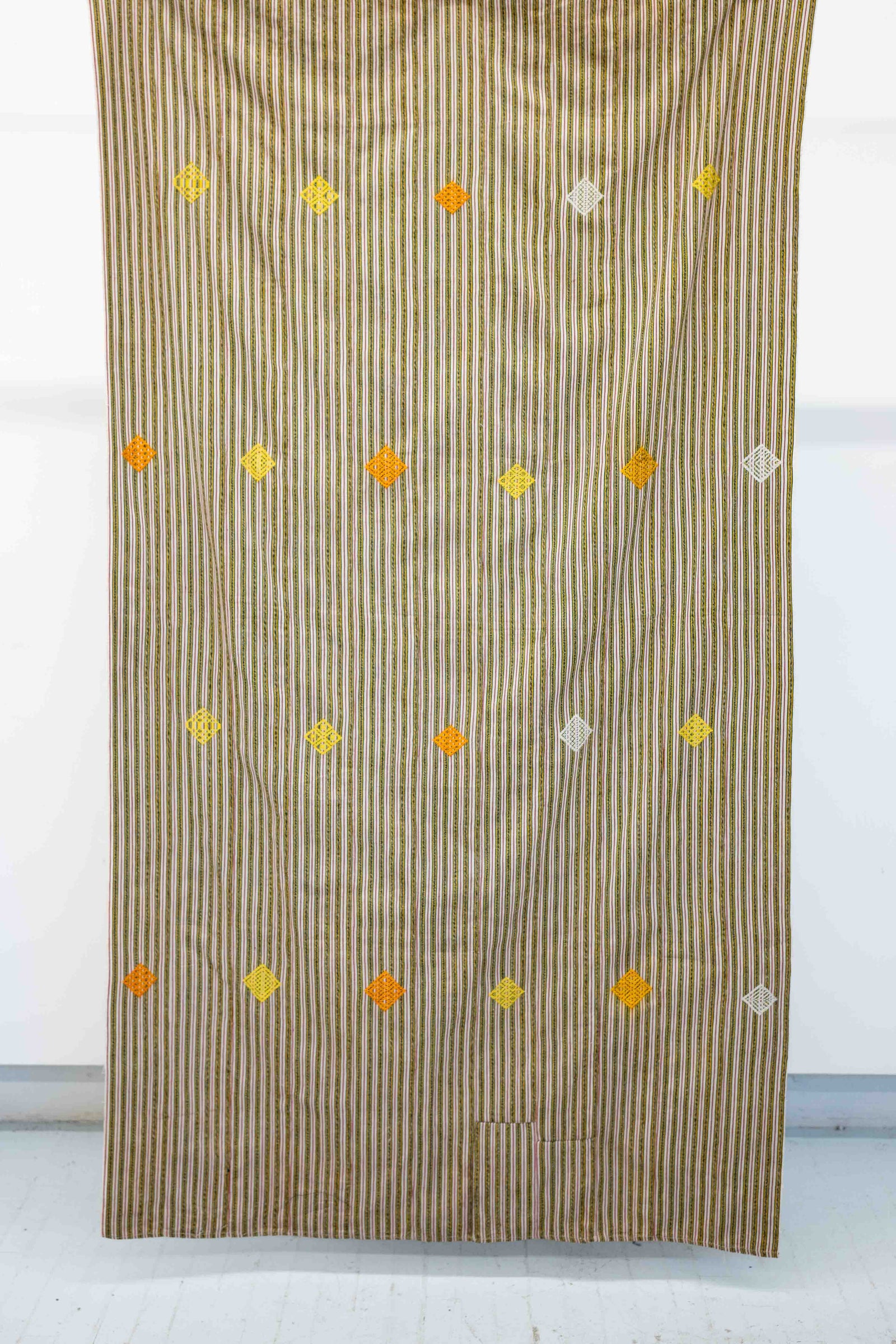 VINTAGE EWE KENTE CLOTH IN PINSTRIPE WITH YELLOW/ORANGE DIAMONDS