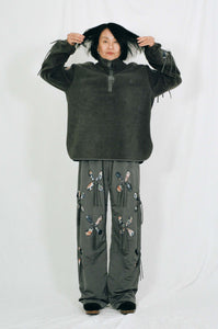 grey nylon polyester track pants petal cutout fabric underneath