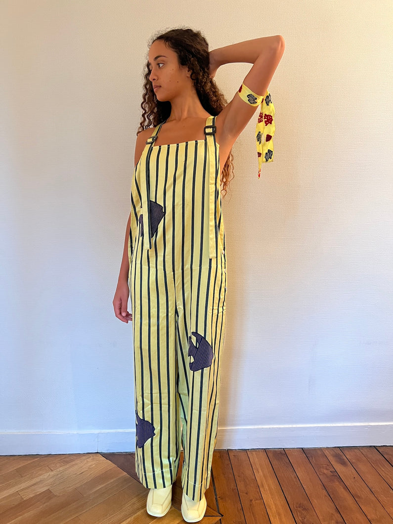 OVERALL IN LEMON STRIPE WITH FISH APPLIQUÉ