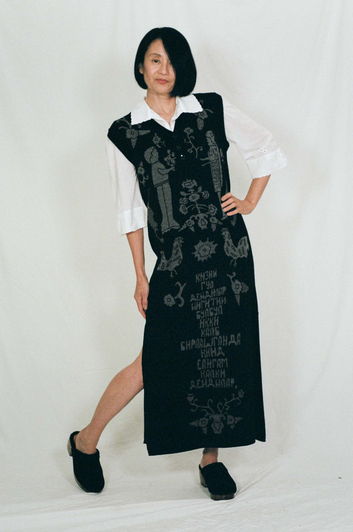 black merino wool vest dress narrative Uzbek designs