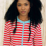 CONTRAST STAND COLLAR STRIPED KNIT TOP IN RED AND WHITE