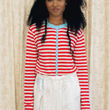 CONTRAST STAND COLLAR STRIPED KNIT TOP IN RED AND WHITE
