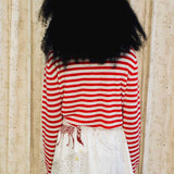 CONTRAST STAND COLLAR STRIPED KNIT TOP IN RED AND WHITE