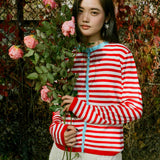 CONTRAST STAND COLLAR STRIPED KNIT TOP IN RED AND WHITE