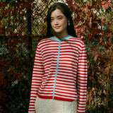 CONTRAST STAND COLLAR STRIPED KNIT TOP IN RED AND WHITE