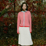 CONTRAST STAND COLLAR STRIPED KNIT TOP IN RED AND WHITE