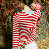 CONTRAST STAND COLLAR STRIPED KNIT TOP IN RED AND WHITE