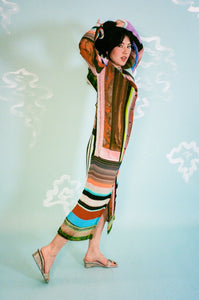 polyester long sleeve cardigan dress in multi stripes