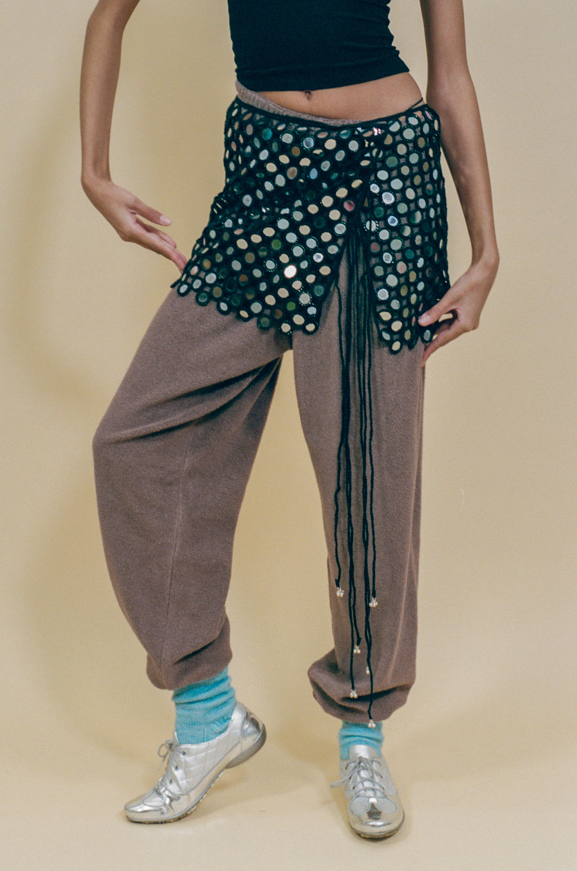 cotton crochet mini skirt with mirrorwork and bells