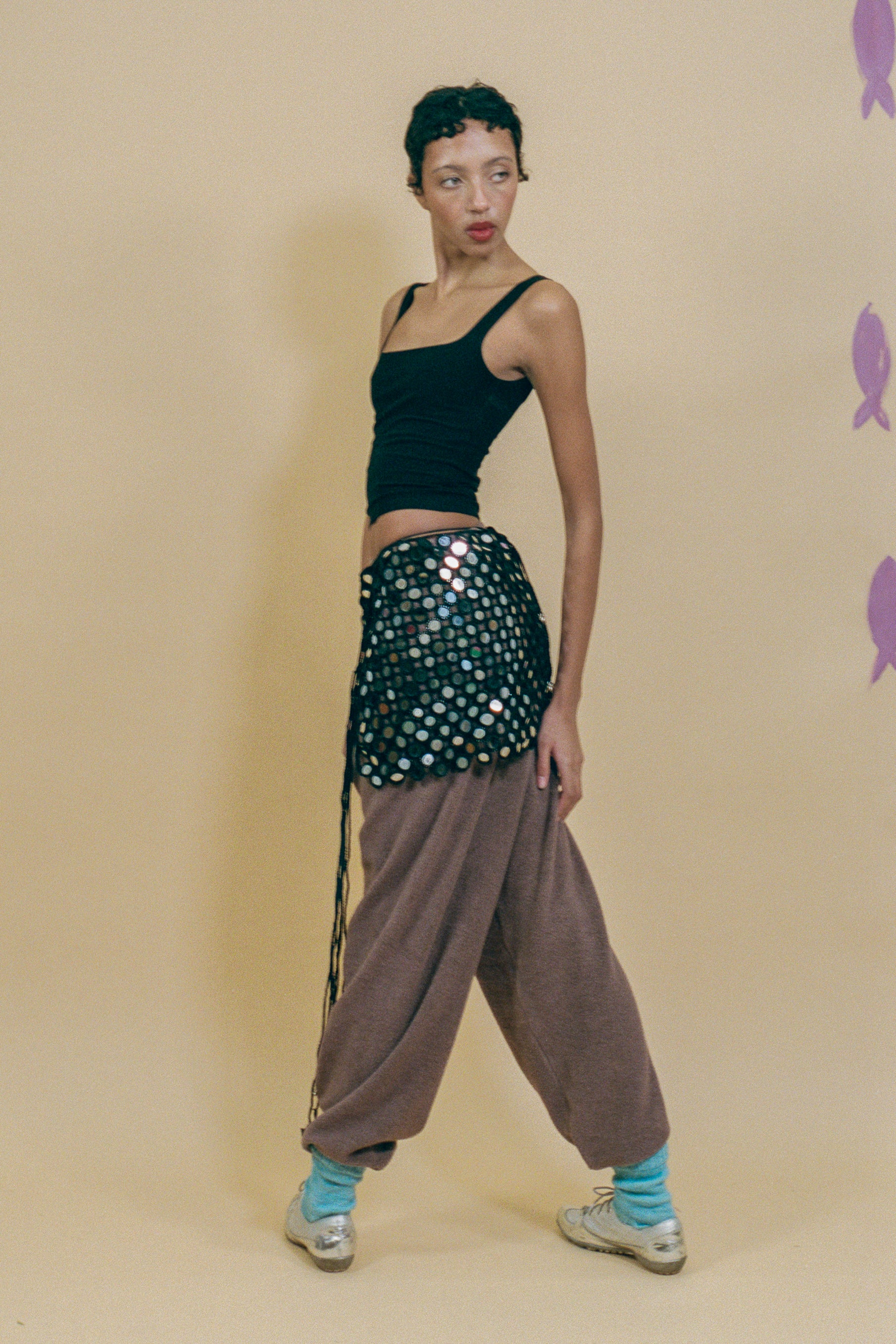 cotton crochet mini skirt with mirrorwork and bells