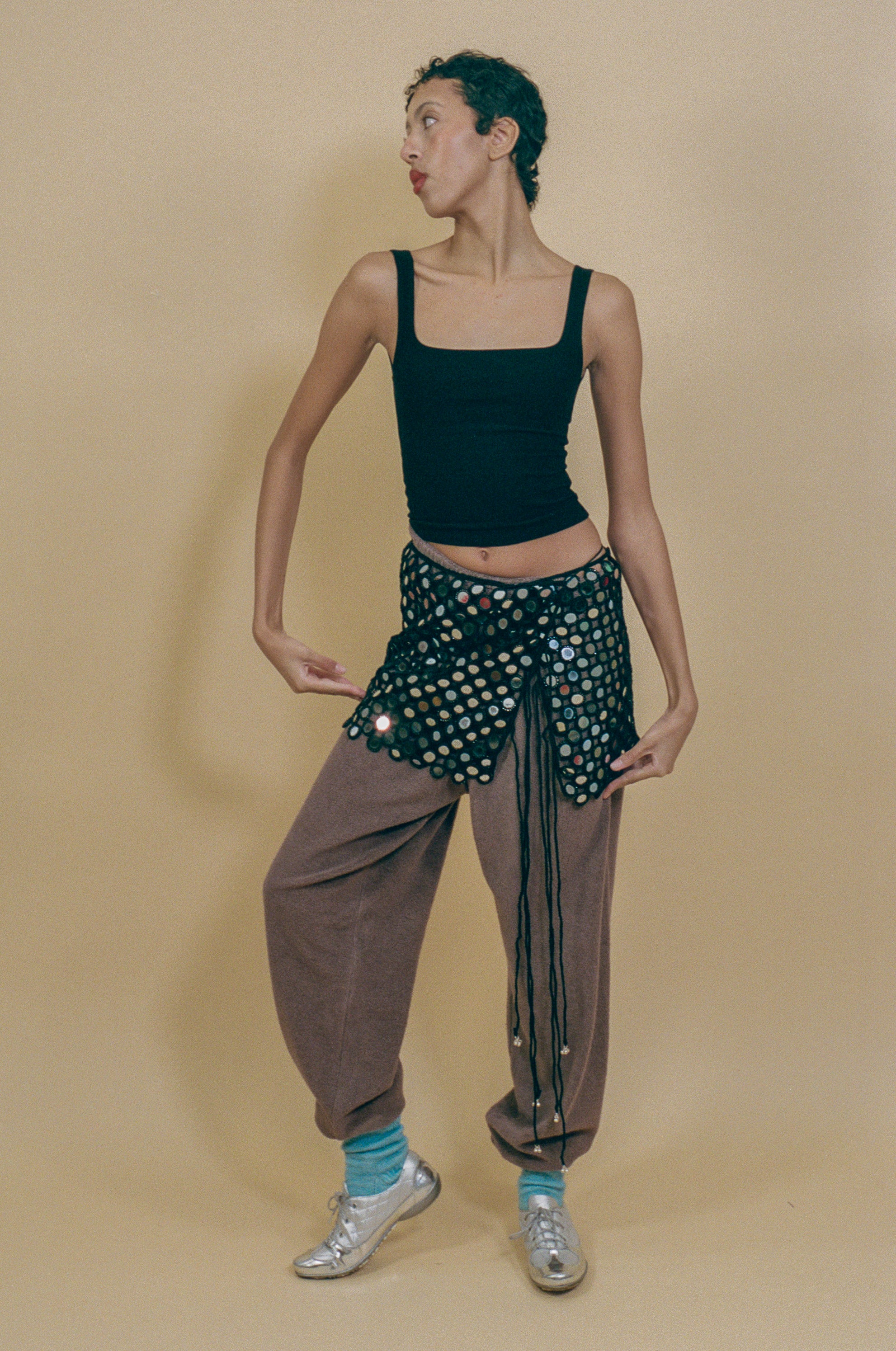 cotton crochet mini skirt with mirrorwork and bells