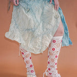white cotton crochet red mirrorwork stockings
