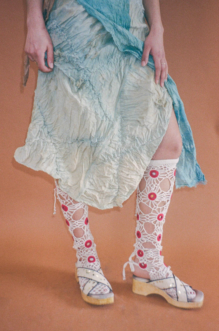white cotton crochet red mirrorwork stockings