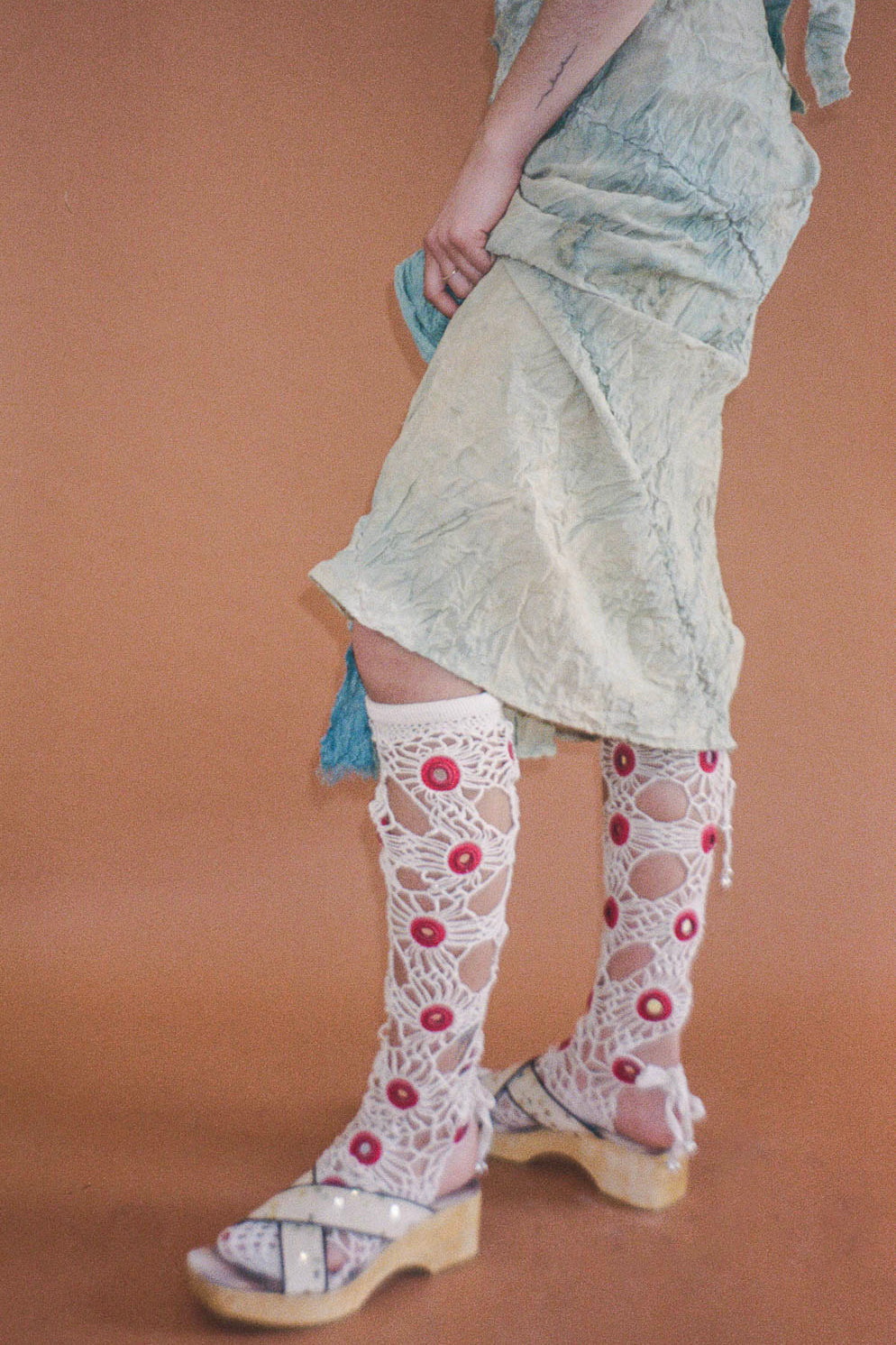white cotton crochet red mirrorwork stockings