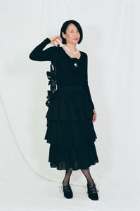 black cotton triple tiered voluminous skirt