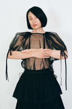 Load image into Gallery viewer, black silk sheer puff top gathered ribbons