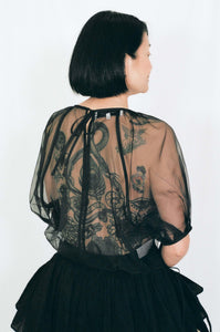 black silk sheer puff top gathered ribbons