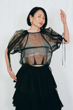 Load image into Gallery viewer, black silk sheer puff top gathered ribbons