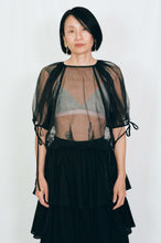 Load image into Gallery viewer, black silk sheer puff top gathered ribbons