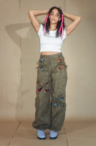 polyester cargo pants with petal cutouts in khaki