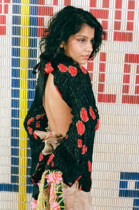 black red silk cotton mashroo backless long sleeve