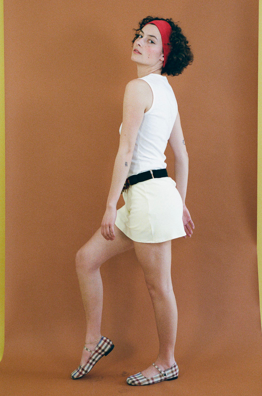 light yellow cotton spandex A line mini skort