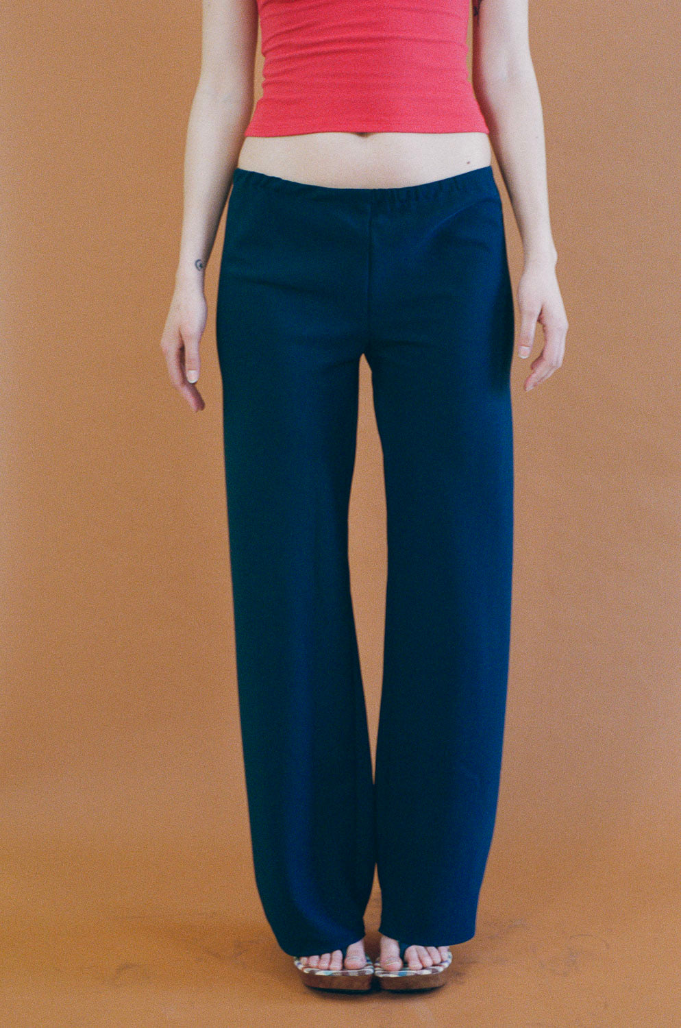 navy silky polyester straight leg lounge pant