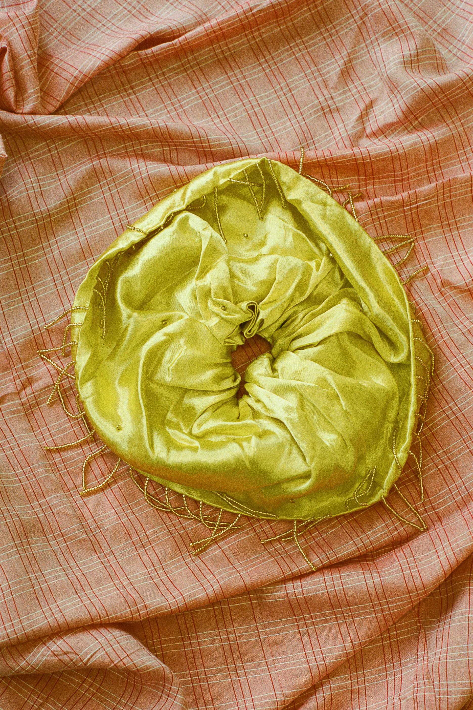 yellow silk mashroo beaded large statement scrunchie