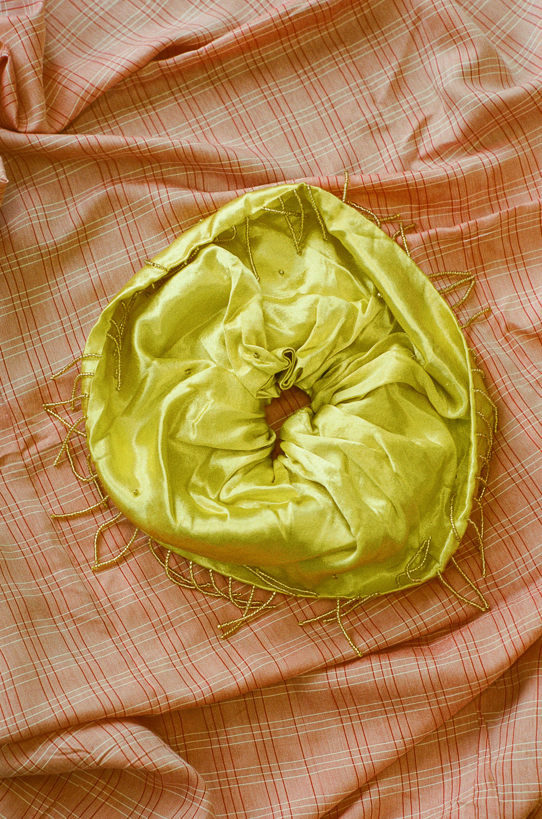 yellow silk mashroo beaded large statement scrunchie