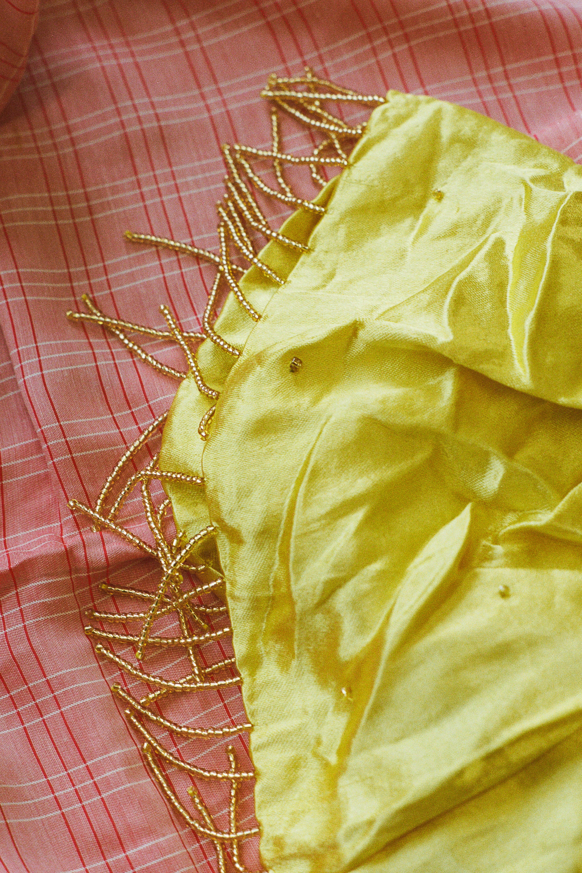 yellow silk mashroo beaded large statement scrunchie