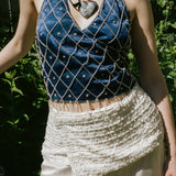 BEADED NET HALTER WRAP TOP
