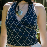 BEADED NET HALTER WRAP TOP