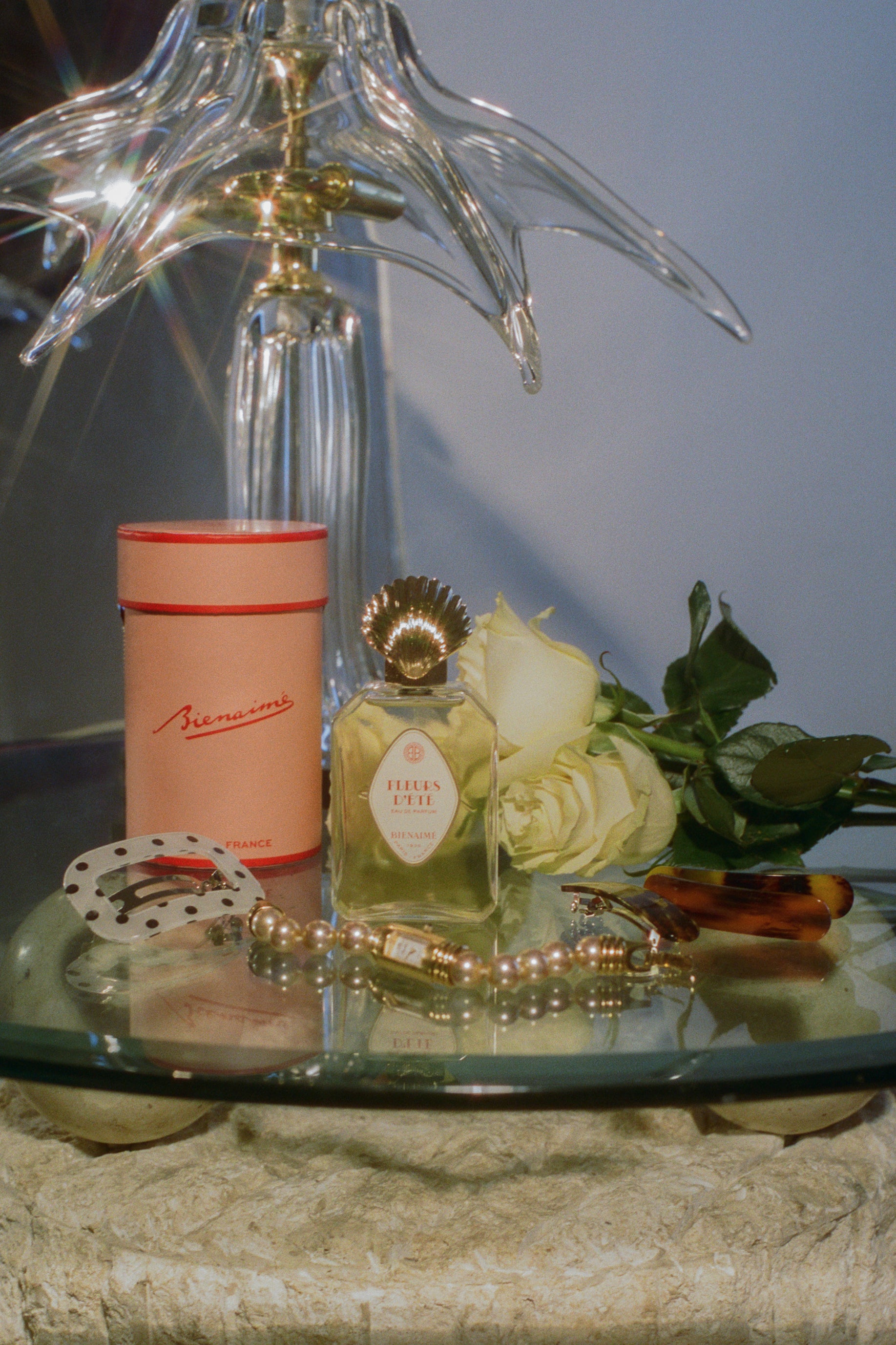 Parisian perfume glass bottle gold seashell topper
