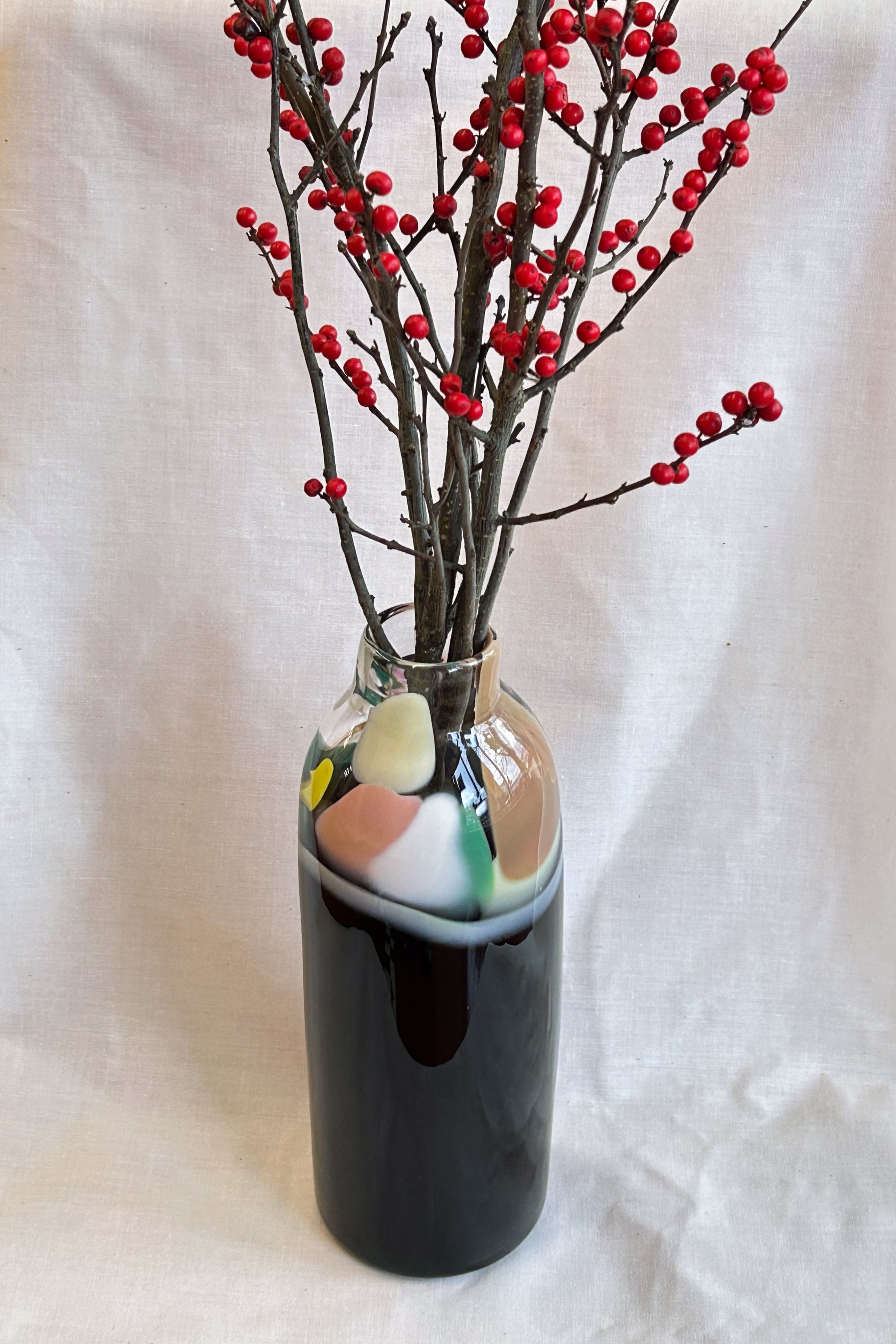 tall vase with expressive strokes of colour pattern