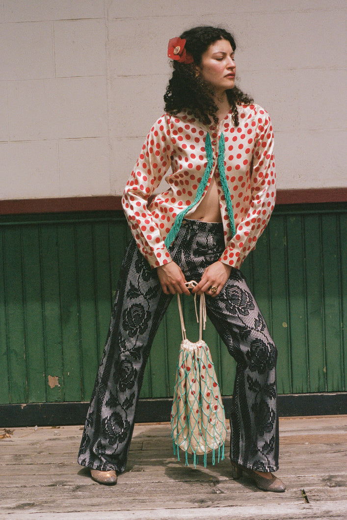 BLOCK PRINT CARDIGAN WITH BEADED FRINGE