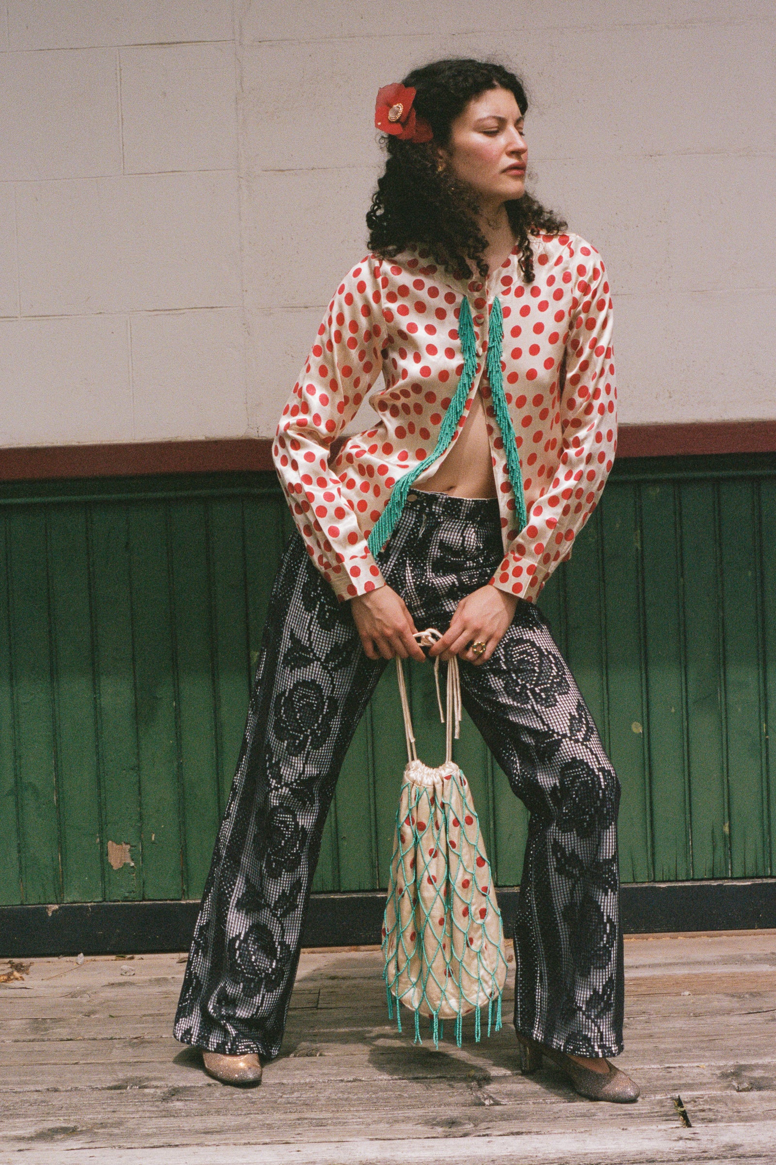 BLOCK PRINT CARDIGAN WITH BEADED FRINGE