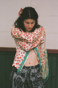 BLOCK PRINT CARDIGAN WITH BEADED FRINGE