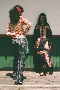 BLOCK PRINT CARDIGAN WITH BEADED FRINGE
