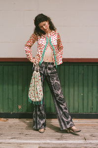 BLOCK PRINT CARDIGAN WITH BEADED FRINGE