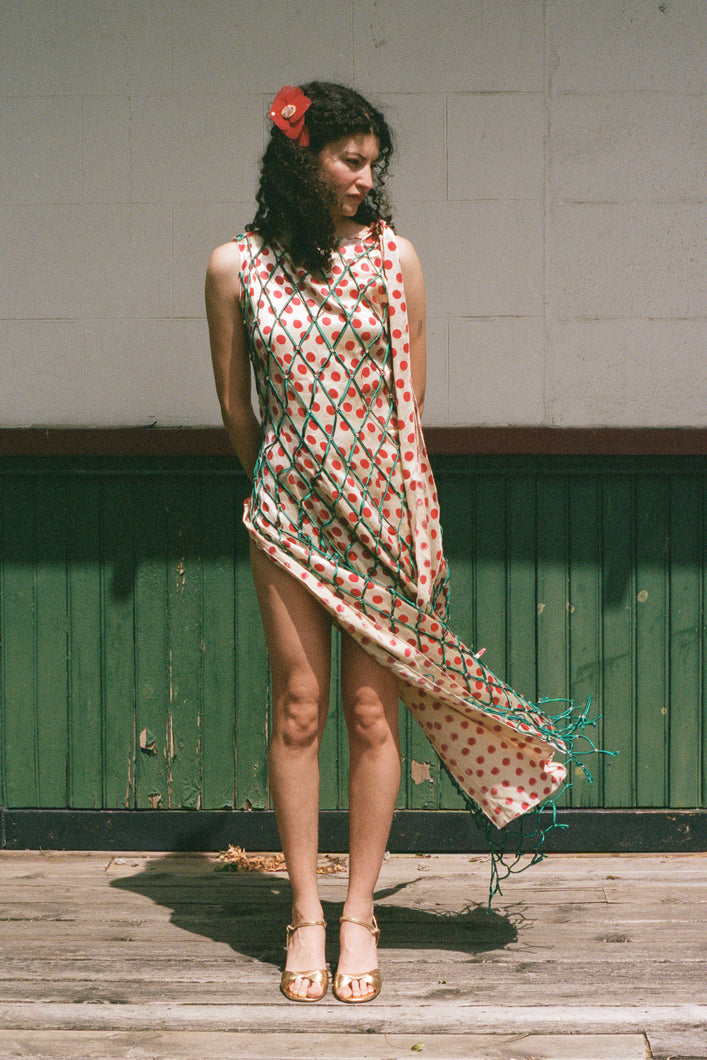 BLOCK PRINTED SARONG DRESS WITH NETTING IN CREAM/RED/TEAL