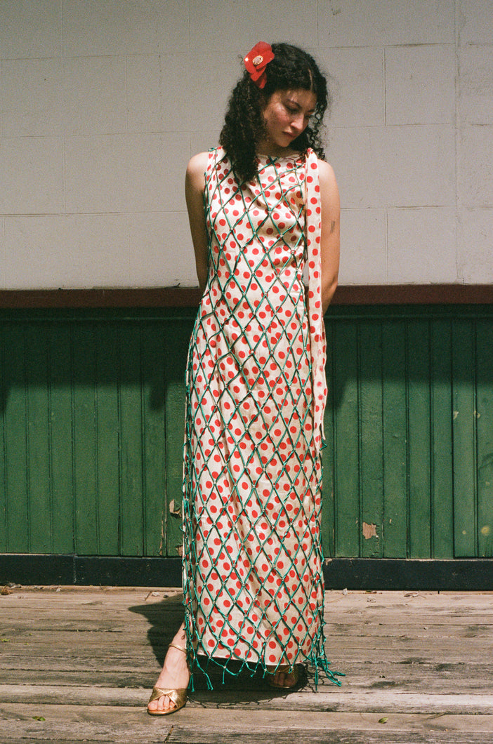 BLOCK PRINTED SARONG DRESS WITH NETTING IN CREAM/RED/TEAL