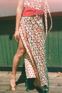 BLOCK PRINTED SARONG DRESS WITH NETTING IN CREAM/RED/TEAL