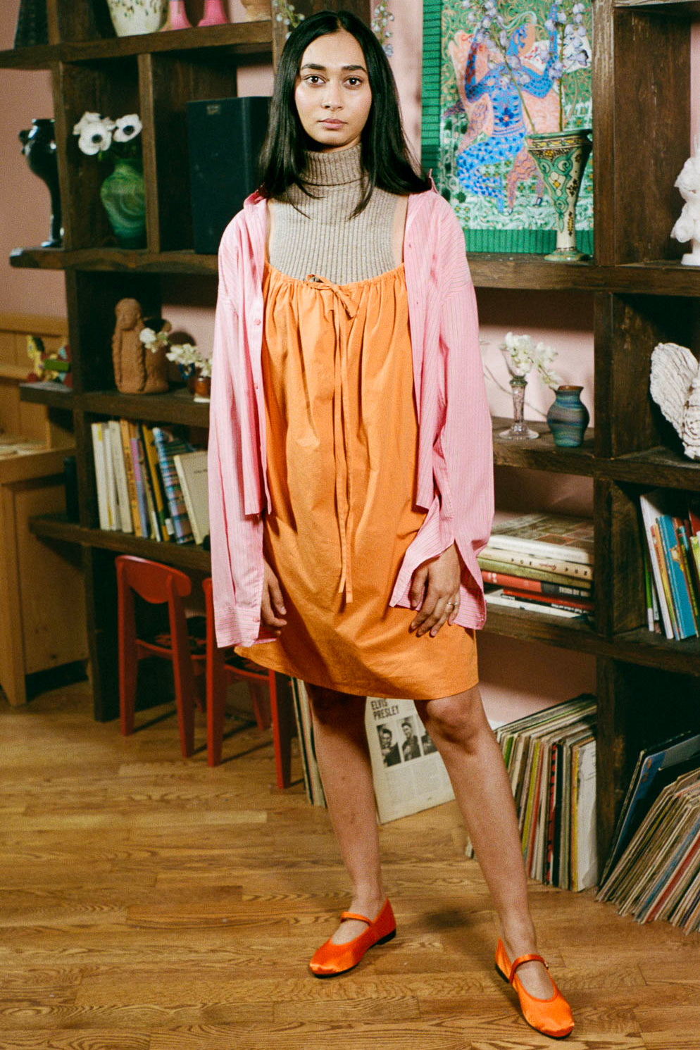 tangerine cotton poplin sleeveless baby doll dress