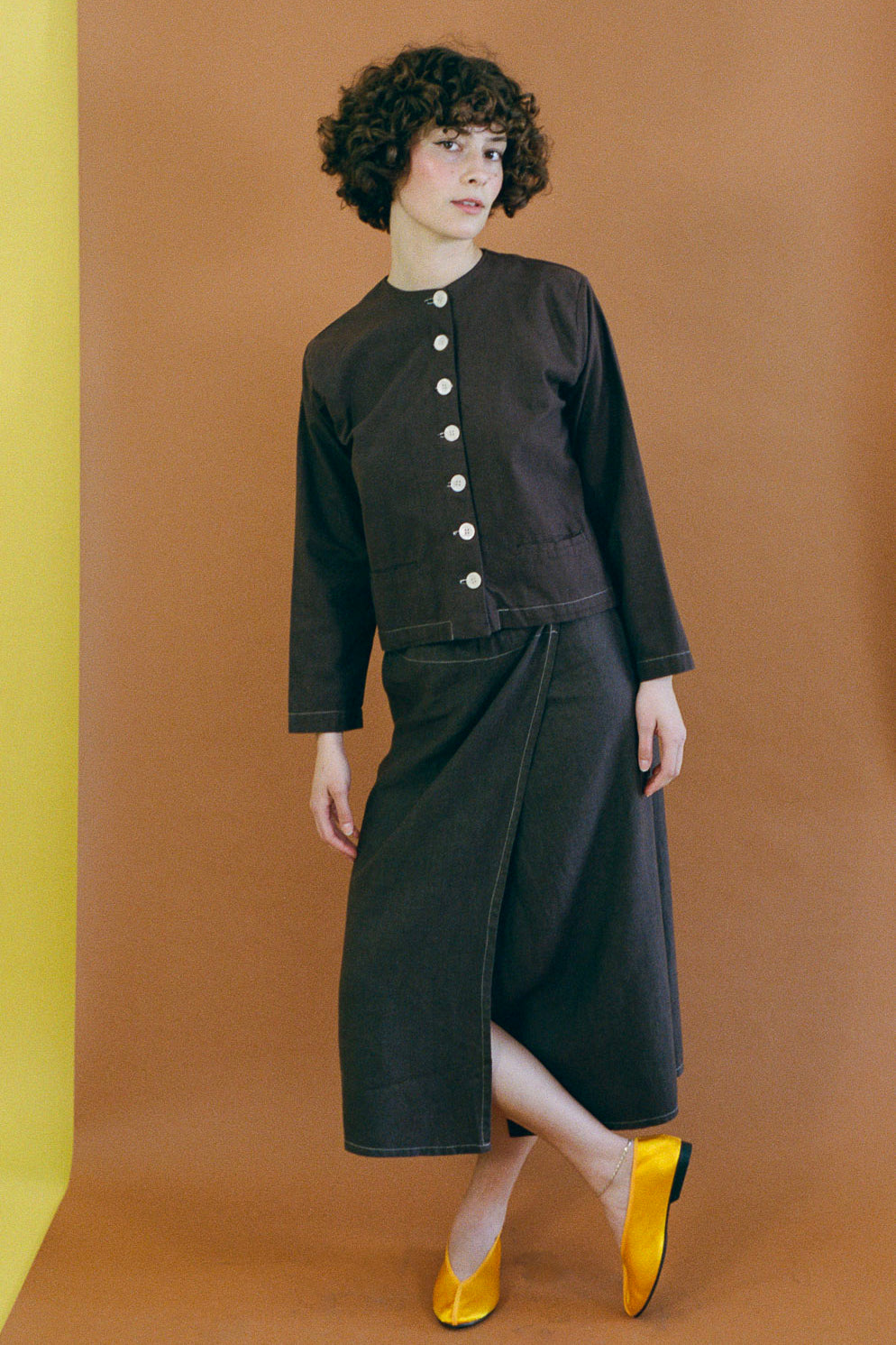 brown cotton straight cut shirt jacket