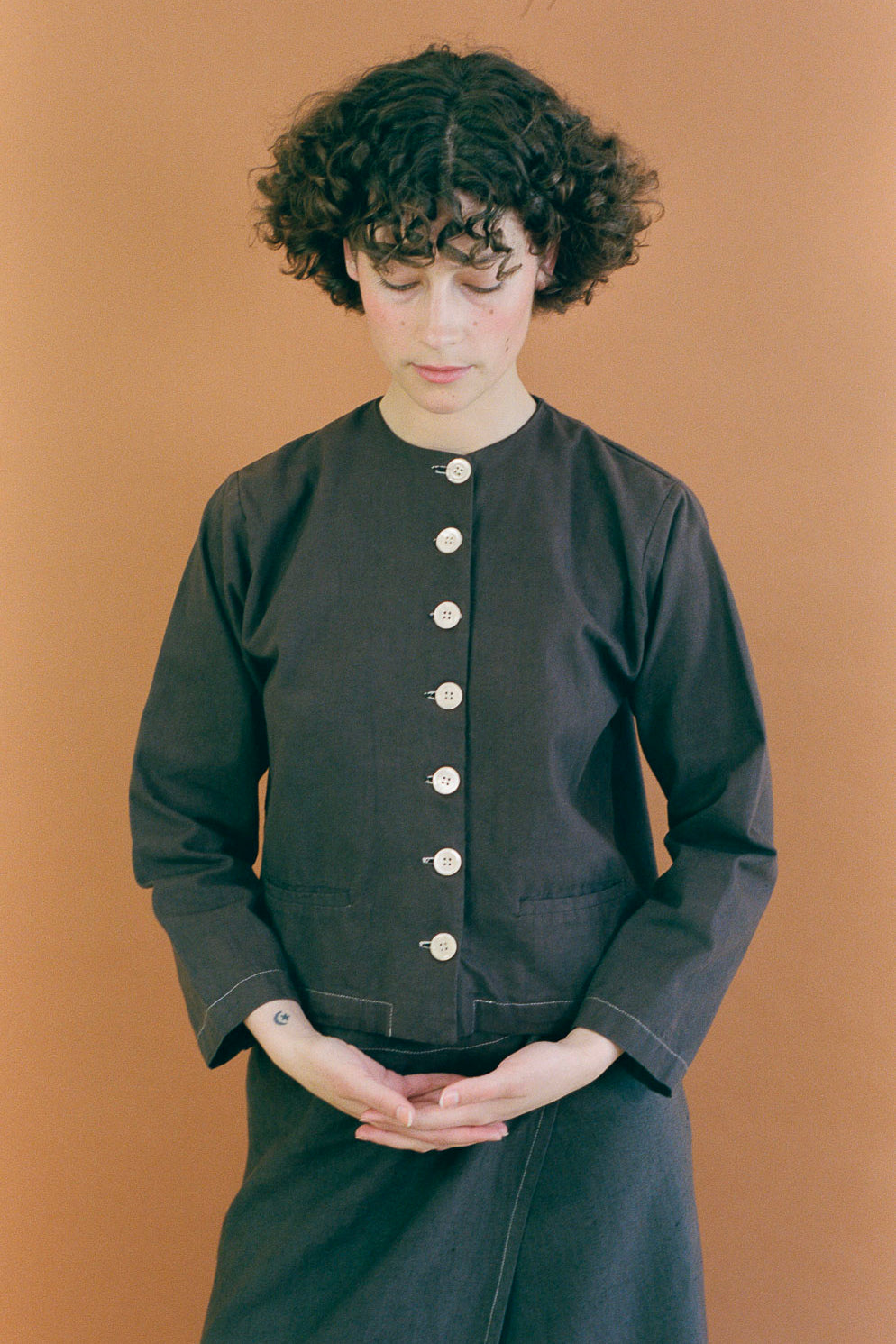 brown cotton straight cut shirt jacket