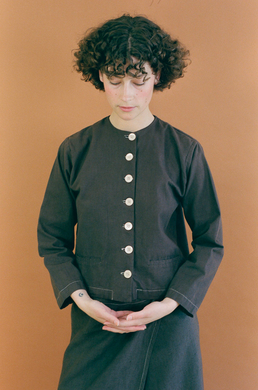 brown cotton straight cut shirt jacket