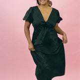 black silk jacquard bias cut dress with bow