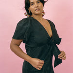 black silk jacquard bias cut dress with bow