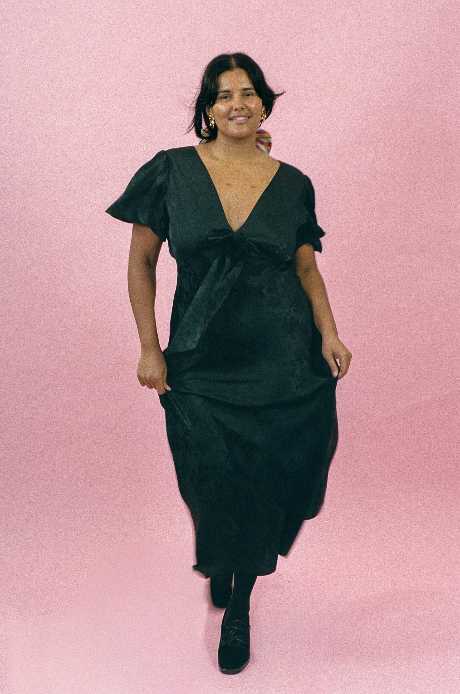 black silk jacquard bias cut dress with bow