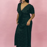 black silk jacquard bias cut dress with bow